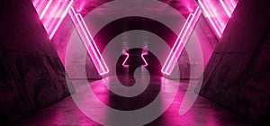 Futuristic Sci Fi Modern Realistic Neon Glowing Purple Pink Led Laser Light Tubes In Grunge Rough Concrete Reflective Dark Empty