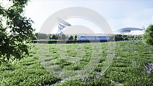 Futuristic sci fi monorail train. Concept of future. Futuristic city background. Grass field. 3d rendering.