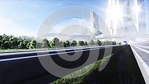 Futuristic sci fi monorail train. Concept of future. Futuristic city background. Grass field. 3d rendering.