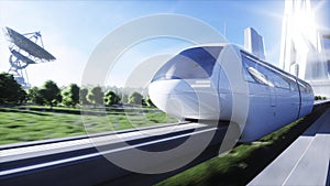 Futuristic sci fi monorail train. Concept of future. Futuristic city background. Grass field. 3d rendering.