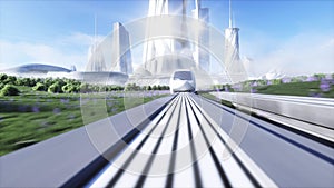 Futuristic sci fi monorail train. Concept of future. Futuristic city background. Grass field. 3d rendering.