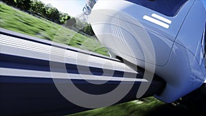Futuristic sci fi monorail train. Concept of future. Futuristic city background. Grass field. 3d rendering.