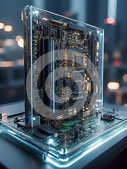 Futuristic sci-fi quantum computer. Suitable for technology, future computing, innovation, artificial intelligence, quantum