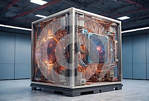 Futuristic sci-fi quantum supercomputer. Suitable for technology, future computing, innovation, artificial intelligence, quantum