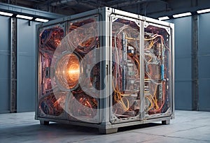 Futuristic sci-fi quantum supercomputer. Suitable for technology, future computing, innovation, artificial intelligence, quantum