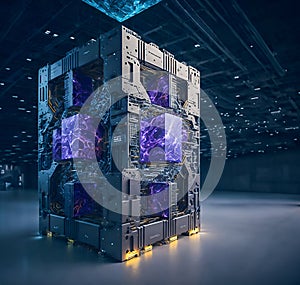 Futuristic sci-fi quantum supercomputer. Suitable for technology, future computing, innovation, artificial intelligence, quantum