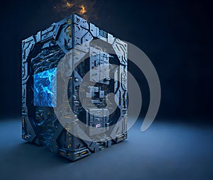 Futuristic sci-fi quantum supercomputer. Suitable for technology, future computing, innovation, artificial intelligence, quantum