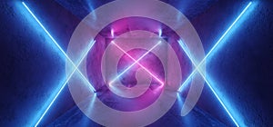 Futuristic Sci Fi Retro Modern Neon Glowing Crossed Shaped Lines Tubes Purple Pink Blue Colored Lights In Dark Empty Grunge