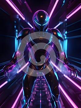 futuristic sci fi robot, cyberpunk futuristic technology. neon style, 3d illustration