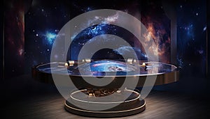 Futuristic sci-fi round table with displays, lights and galaxy in the background