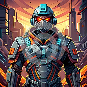 Sci-Fi Soldier in Exosuit Vector Illustration