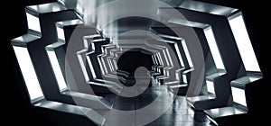 Futuristic Sci Fi Spaceship Glowing White Blue Metal Reflective Concrete Floor Corridor Tunnel Hallway Entrance Gate Garage