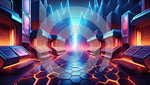 Futuristic sci-fi tunnel with neon lights and hexagonal patterns, casting a vibrant, technologically advanced ambiance photo