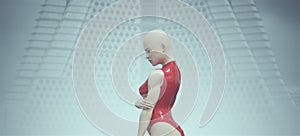 Futuristic Sci fi Woman Nervous Pose in a Red Body Suit Alien Landscape Foggy Abandoned Brutalist Architecture