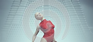 Futuristic Sci fi Woman Tormented Pose in a Red Body Suit Alien Landscape Foggy Abandoned Brutalist Architecture