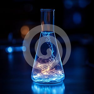 Futuristic Science Concept with Glowing Molecular Structure in Laboratory Flask on Dark Background