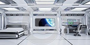 Futuristic Science Fiction Bedroom Interior with Planet Earth View in Space Station, 3D Rendering