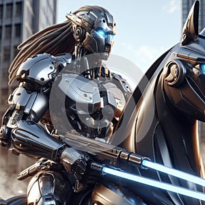 futuristic science fiction robotic knight on a metal horse