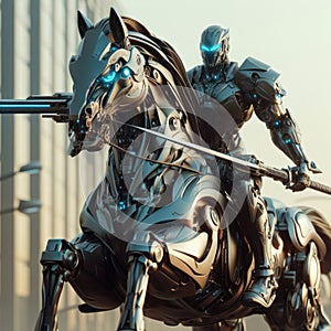 futuristic science fiction robotic knight on a metal horse