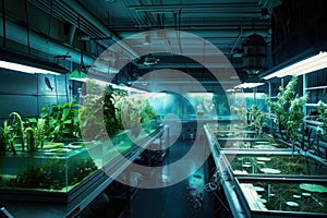 A futuristic science lab specializing in hydroponic ecosystems, where animals thrive in lush, waterbased environments