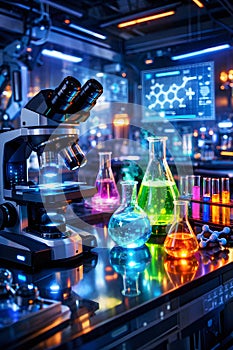 Futuristic Science Laboratory With Advanced Microscope And Colorful Chemical Experiments