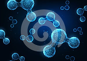 Futuristic science web banner with glowing low polygonal water molecules on dark blue background.