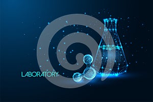 Futuristic scientific research concept with glowing abstract molecule and laboratory beaker