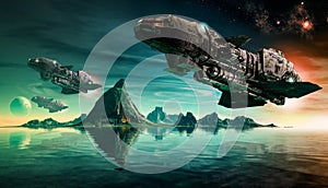 Futuristic SciFi Battle Ships Hover Over An Alien Planet photo