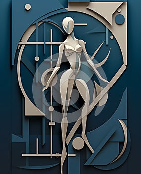 Futuristic sculptural panel of a beautiful young woman. Abstract art style. Complex geometric shapes. Light gray tones. Close-up.