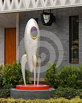 Futuristic sculpture by unknown artist outside the Virgin Hotel in the Design District in Dallas, Texas