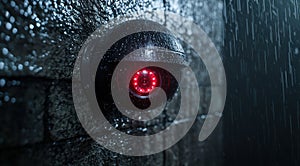 Futuristic security camera in the rain