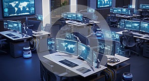 Futuristic security control center with multiple computer screens displaying data, creating an advanced surveillance and analysis