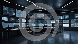 Futuristic Security Control Room with Multiple Screens