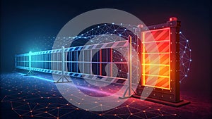 Futuristic Security Gate with Glowing Lights and Digital Network Elements