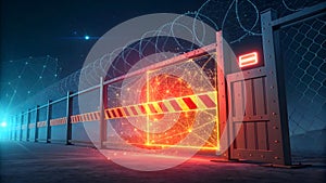 Futuristic Security Gate with Glowing Lights and Digital Network Elements