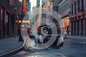 Futuristic Self-Driving Car on an Empty City Street at Twilight with Urban Architecture and a Dog