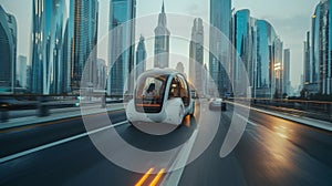 Futuristic Self-Driving Van Gliding Through the City