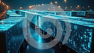 Futuristic semi trucks lined up at loading dock with glowing technology representing data flow, digital logistics integration.