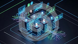 Futuristic server network with glowing nodes and digital data flow in high-tech cyber environment