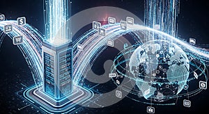 Futuristic server processing global data streams for worldwide network connection