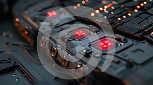 Futuristic server rack blinking red lights in dark room