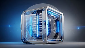 Futuristic Server Rack with Blue Lights, Data Center Technology, AI Computing, Network Infrastructure