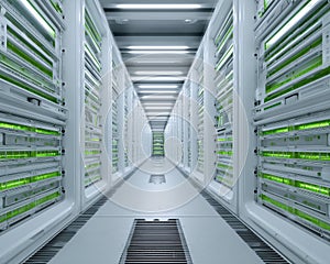 Futuristic server rack corridor data center technology background