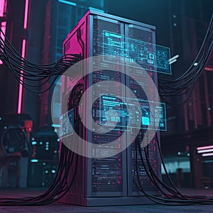 Futuristic Server Rack with Glowing Blue Data Interfaces and Cables data center technology