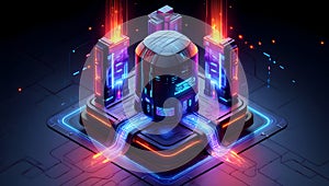 Futuristic server rack with glowing neon lights and data streams in a dark digital environment