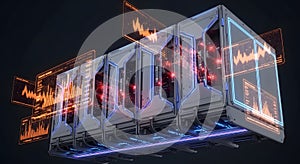 Futuristic Server Rack with Glowing Red Lights and Data Visualizations