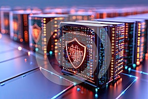 Futuristic Server Rack with Illuminated Security Shield