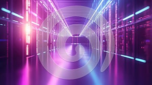 Futuristic server racks glowing in a technology data center