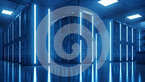 Futuristic Server Room with Blue LED Lights, Data Center, Technology, Cloud Computing