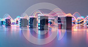 Futuristic server room data center hosting with neon light trails for cloud computing tech